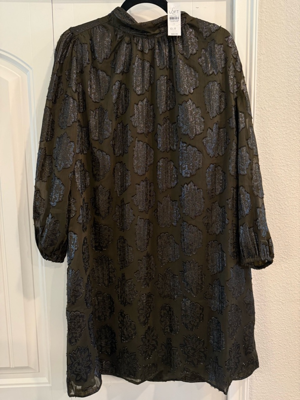 LOFT Olive Green Shift Dress with Metallic Black Floral Motif